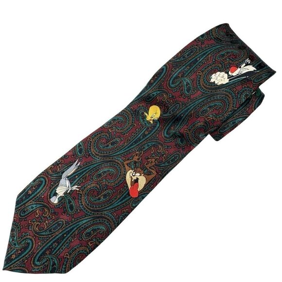 Looney Tunes Mania BUGS BUNNY VTG 90s Silk Necktie Paisley Maroon Men’s Tweetie - Picture 1 of 4